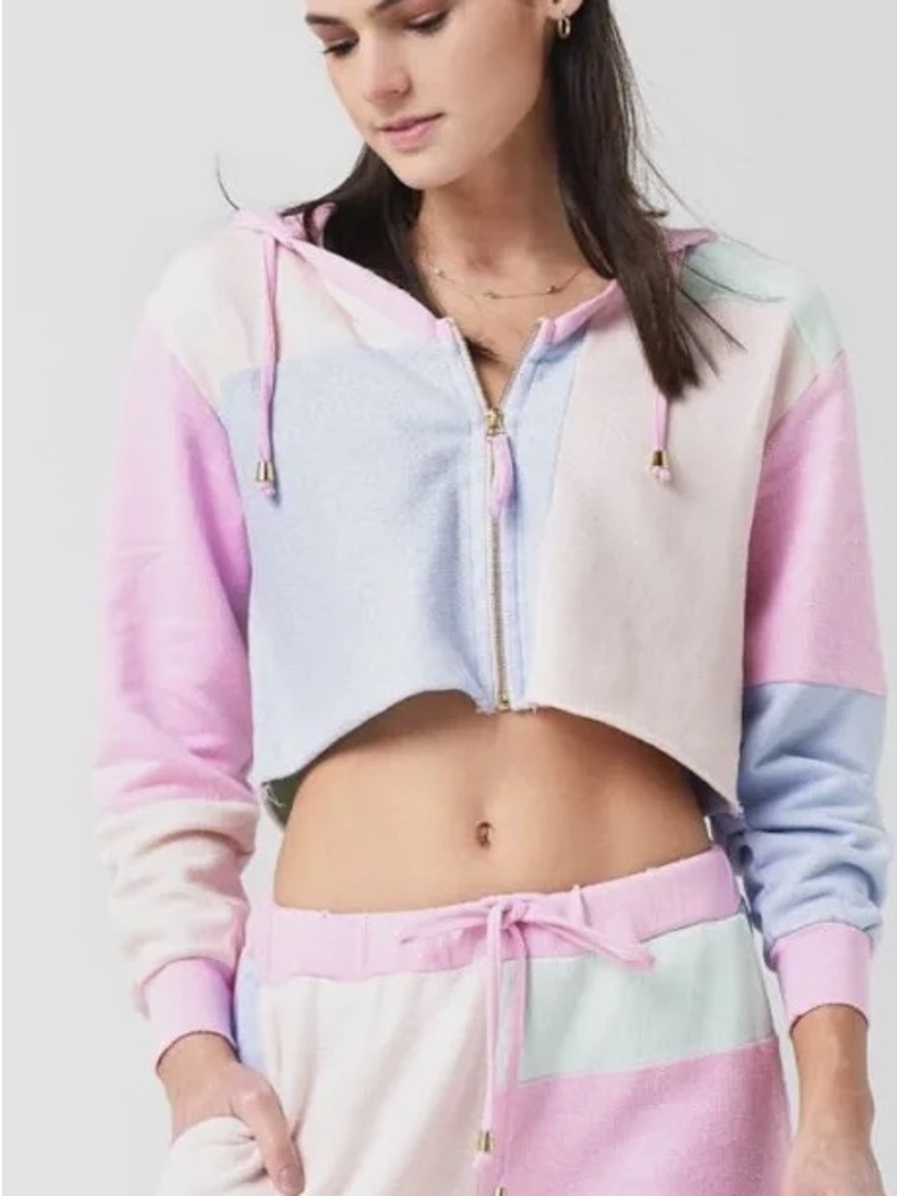 LoveShackFancy Pink Blue and Cream Knit Color block Jogger and Hoodie Set